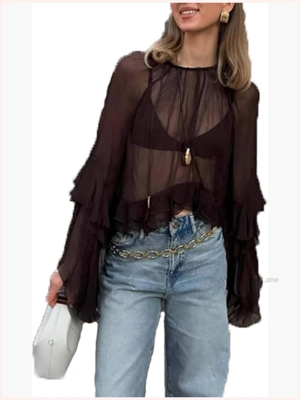 Flowy Chiffon Ruffle Sleeve Blouse Crewneck Sheer Oversized Streetwear